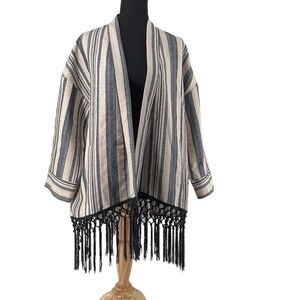 Zara Ecru Neutral Striped Boho 3/4 Sleeves Fringe Kimono festival Jacket sz sm